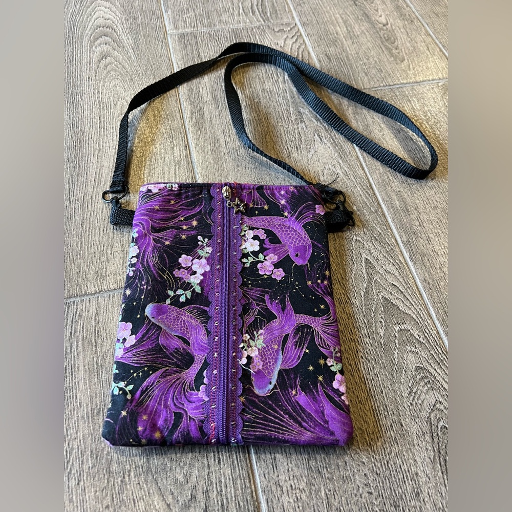 Handmade Purple Koi Fish Floral Crossbody Bag Adjustable Strap Boho Art Purse